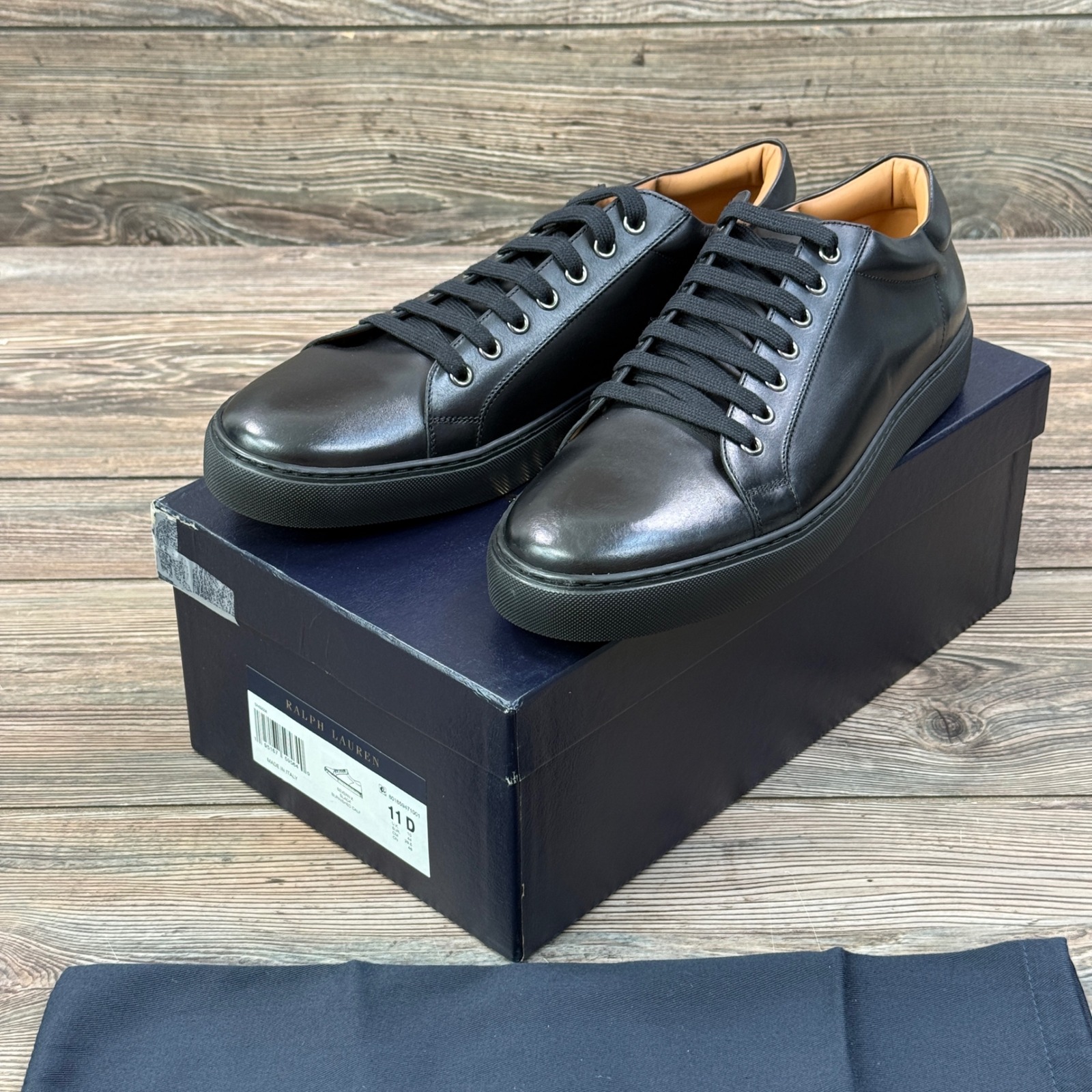 Ralph Lauren Purple Label Mens 11 D Severn Sneaker Black Calf Leather Italy New